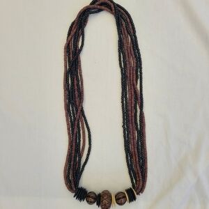 Multi- Strand Black & Brown Wooden Beaded Statement Necklace Length 15"